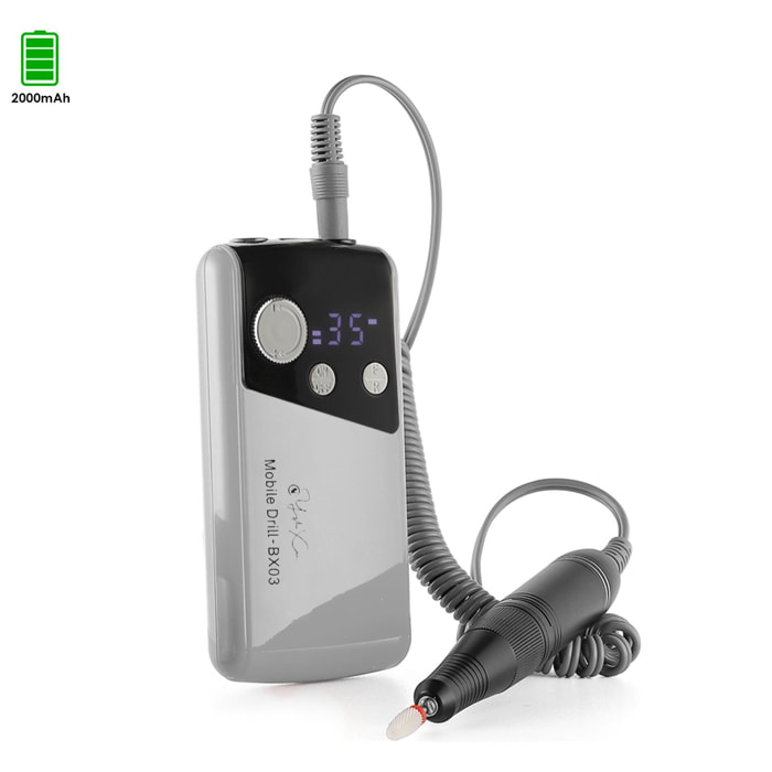 Lucidatore per unghie con batteria ricaricabile da 2000 mAh, fino a 35.000 giri/min. Velocità regolabile. Include 1 testa lucidante.