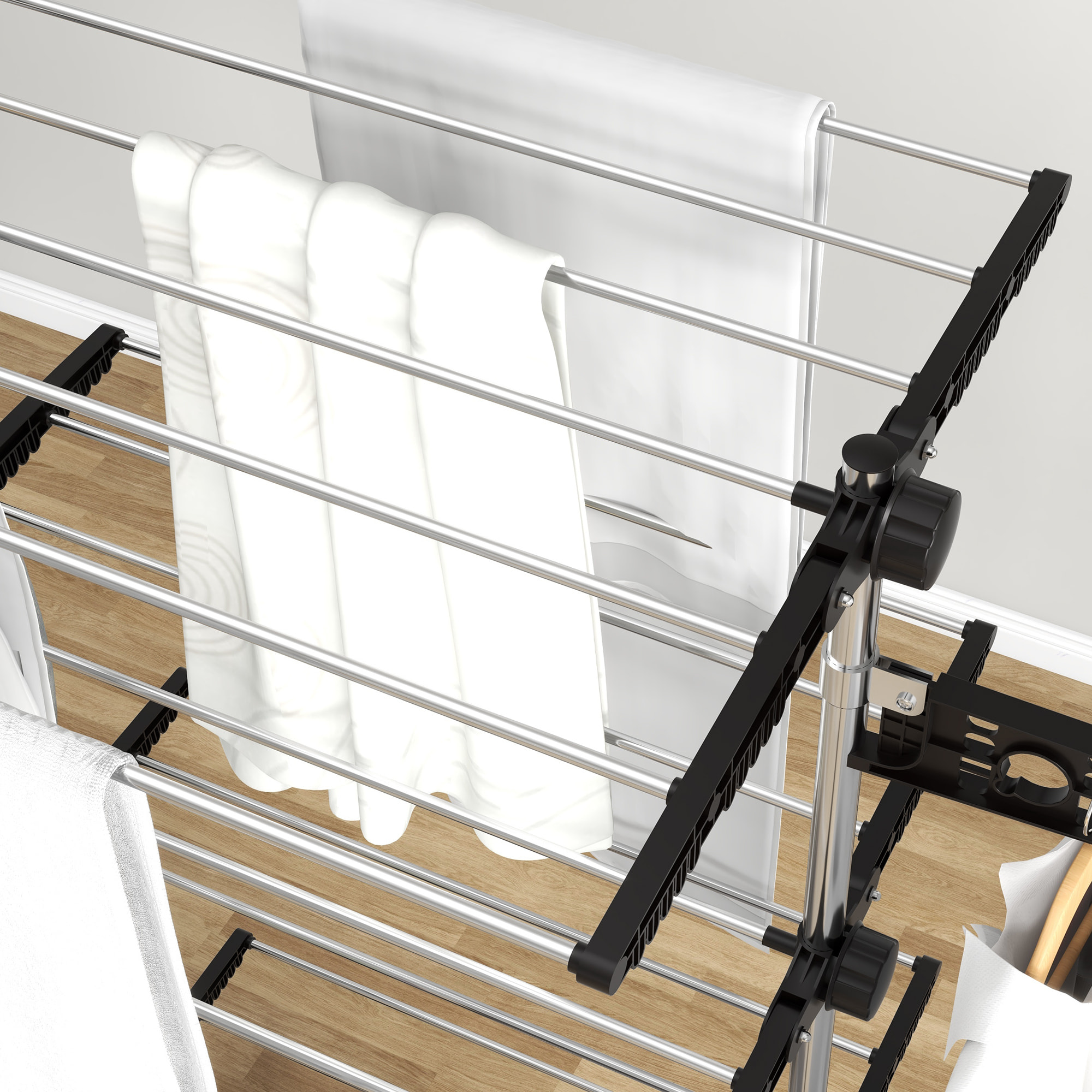 Tendedero Vertical Plegable Tendedero de Ropa con 6 Ruedas 2 Laterales Abatibles Estantes Ajustables y Marco de Acero Inoxidable para Interior y Exterior Negro y Plata