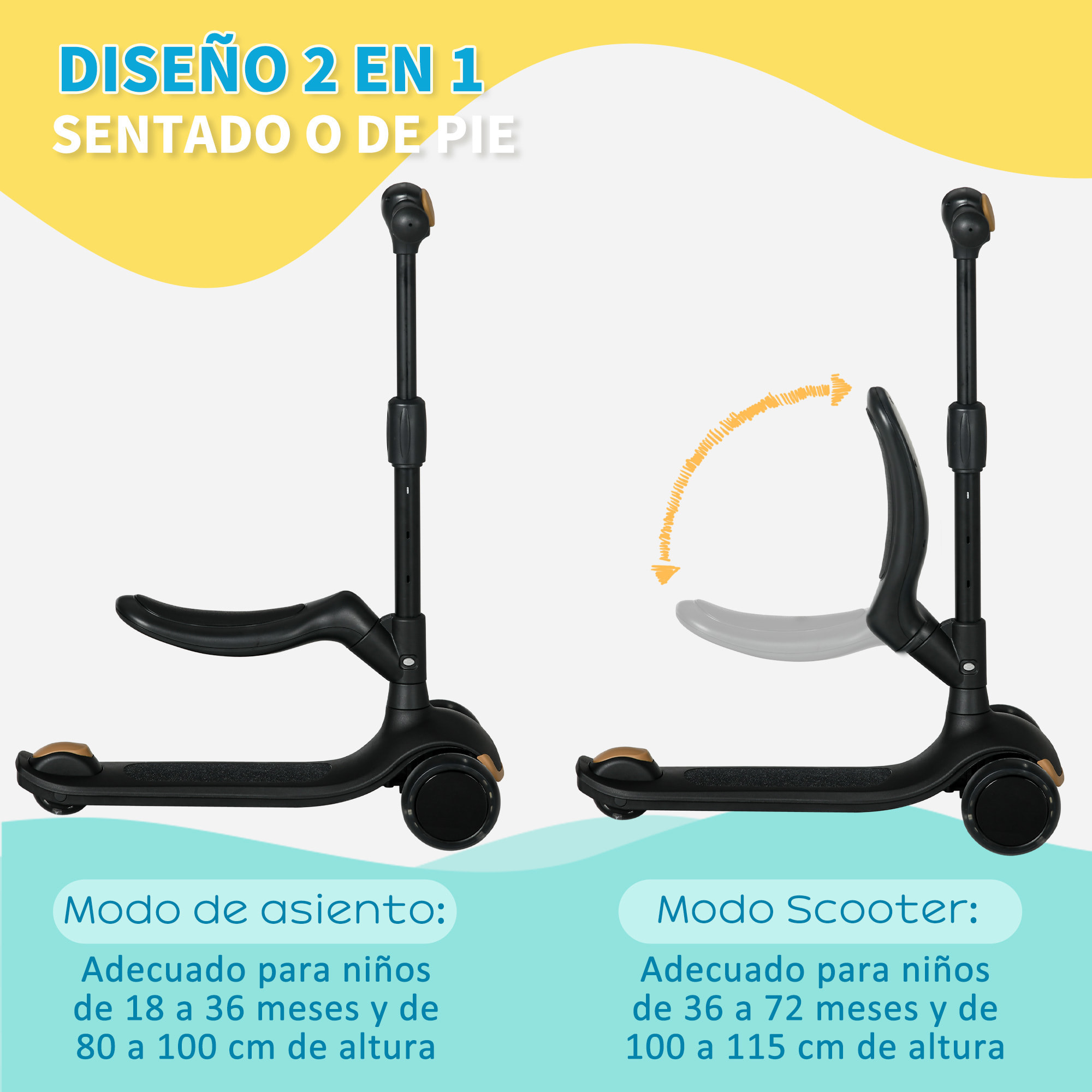 Patinete para Niños 2 en 1 Patinete Infantil Asiento Plegable con Altura Ajustable 3 Ruedas Brillantes para +18 Meses Carga 50 kg 58x31x64-79 cm Negro