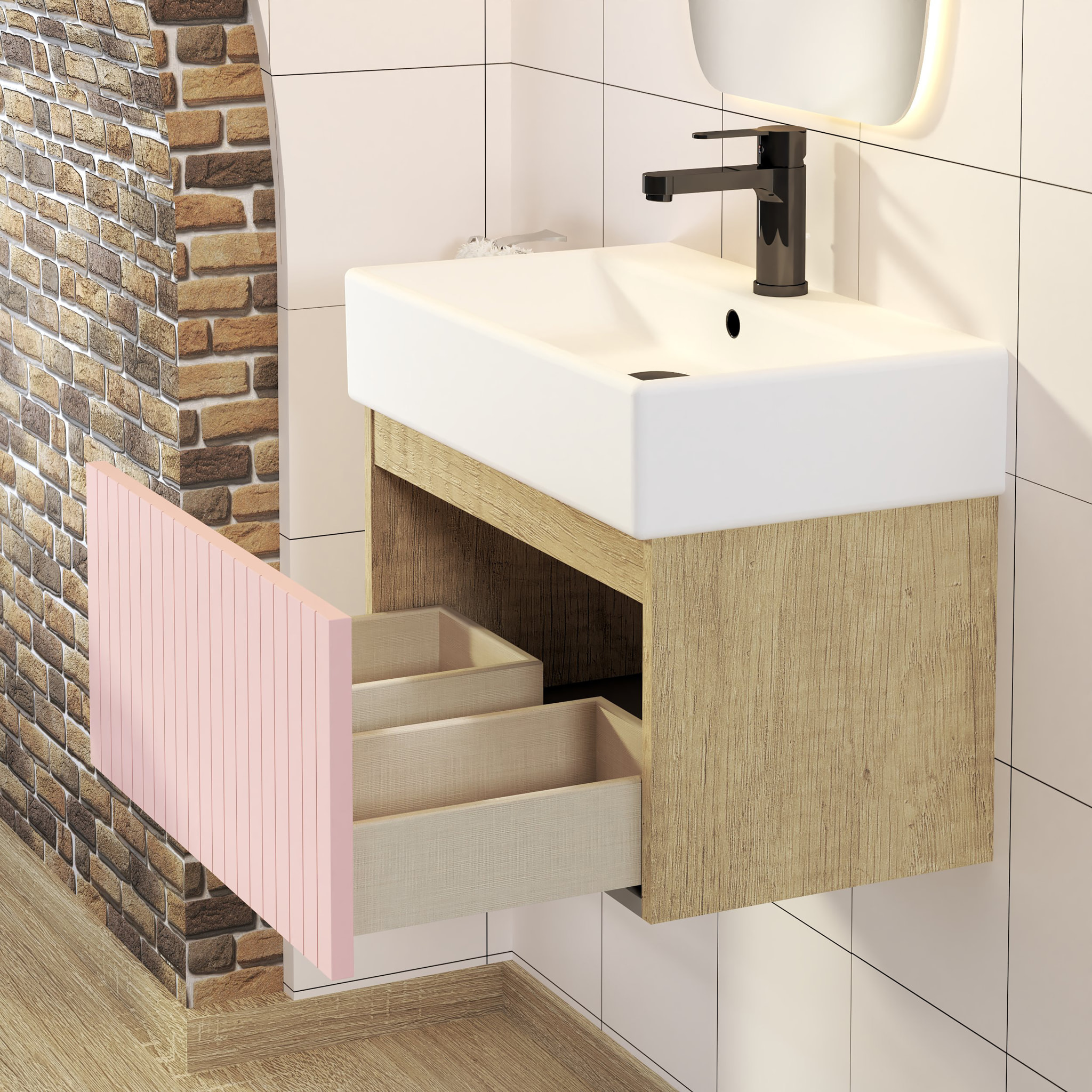 CONJUNTO DE BAÑO ZEL | MUEBLE SUSPENDIDO | 60 CM ROSA | UN CAJÓN | LAVABO ENCASTRADO | NO INCLUYE ESPEJO | MUEBLE MONTADO| ALDAY