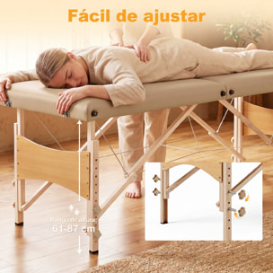 Camilla de Masaje Plegable Mesa de Masaje Portátil con Reposacabezas Marco de Madera Camilla Fisioterapia con Altura Regulable y Bolsa de Transporte 186x60x61-87 cm Marrón Claro