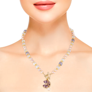 Collar con colgante de margarita, circonitas multicolor, cristal brillante de doble cara y perlas naturales.