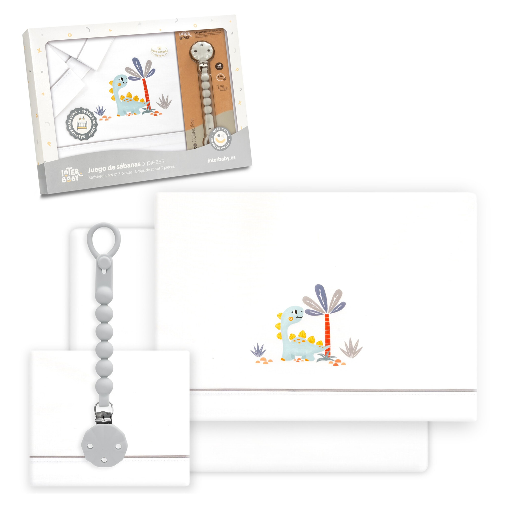 Triptico Cuna Estampado Dinosaurio Palmera + Broche Bco/Gris