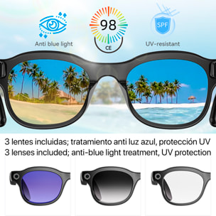 Occhiali intelligenti W93 con fotocamera da 8 MP per foto e video a 1200p. 16 GB di memoria interna. Traduttore in tempo reale con assistente vocale intelligente e 3 tipi di lenti.