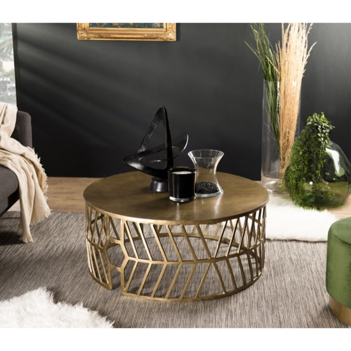 JOHAN - Table basse ronde 89x89cm aluminium doré piètement graphique
