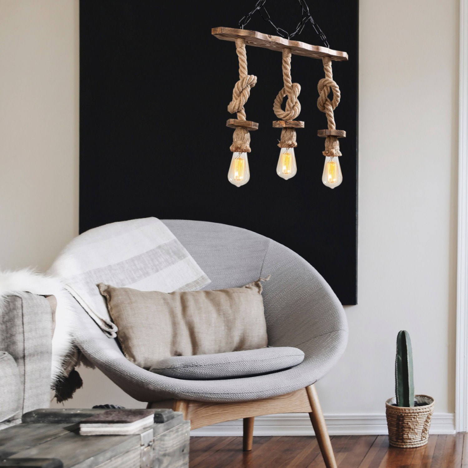 Suspension rustique filaire 3 lampes cordes et bois CASABLANCA