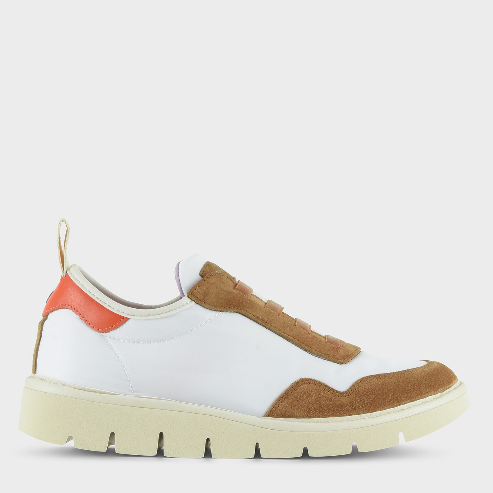 SLIP ON P05 DONNA IN NYLON E SUEDE BIANCO-BISCOTTO-ARANCIO