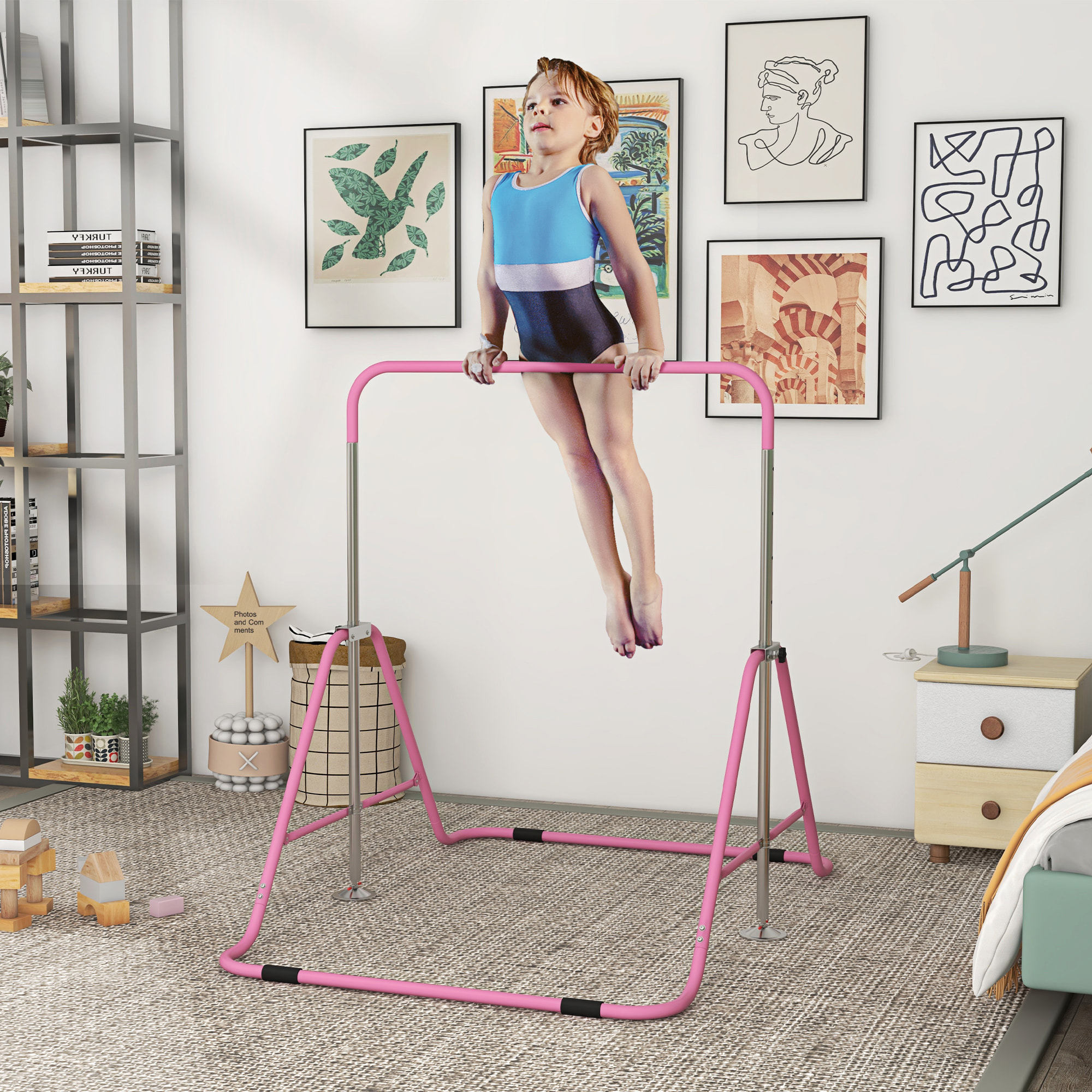 Barra de Gimnasia Artística, Barra Horizontal Plegable, Altura Ajustable, Equipo de Gimnasia para Entrenamiento en Casa, para Niños y Niñas, Rosa