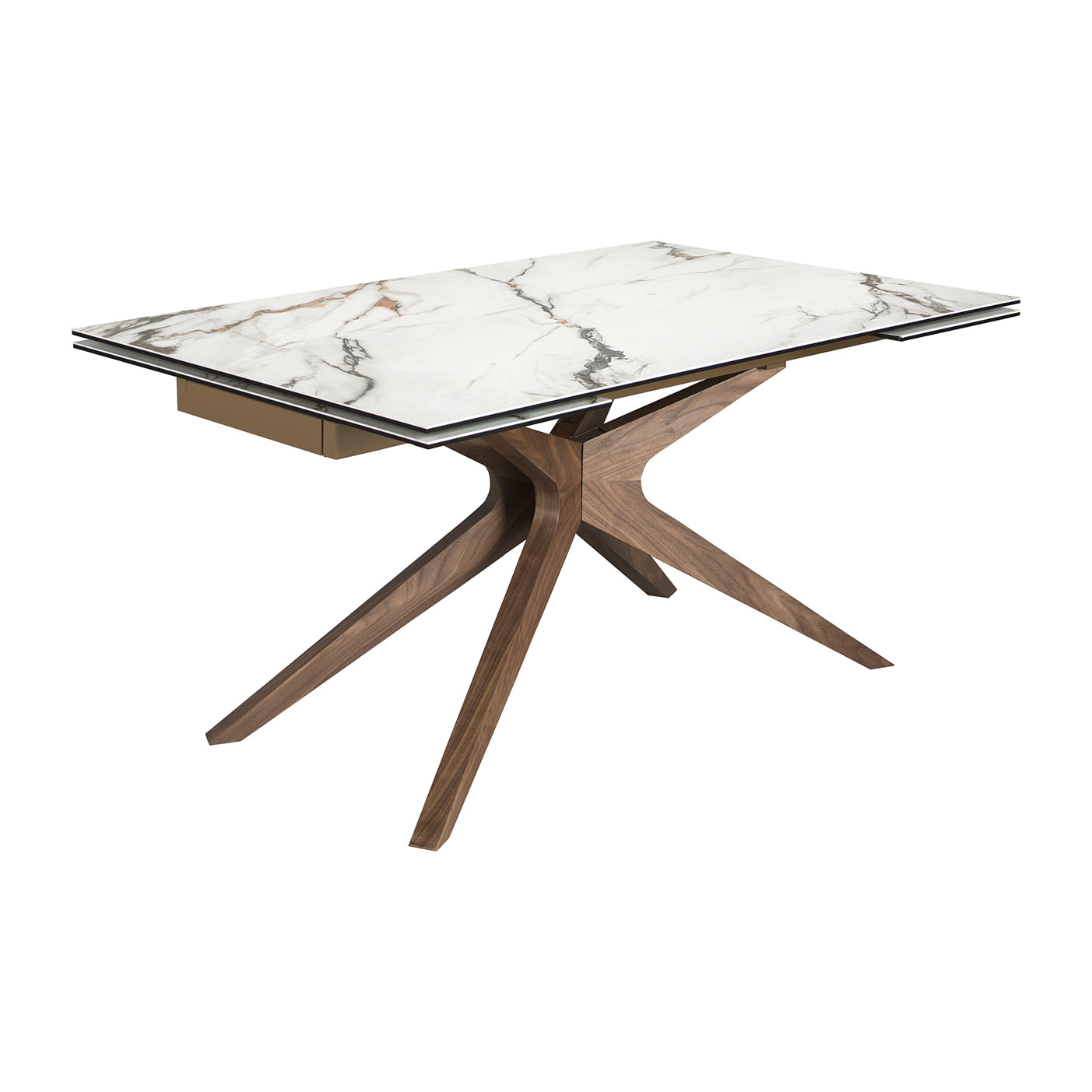 Mesa comedor extensible rectangular con tapa de mármol porcelánico blanco con vetas en tonalidades grises y detalles en óxido en acabado mate 160x100x76cm