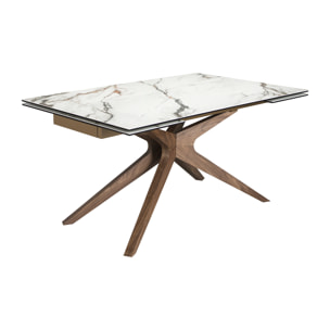 Mesa comedor extensible rectangular con tapa de mármol porcelánico blanco con vetas en tonalidades grises y detalles en óxido en acabado mate 160x100x76cm