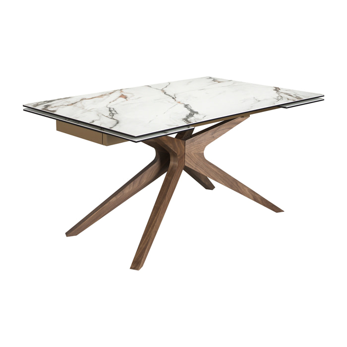 Mesa comedor extensible rectangular con tapa de mármol porcelánico blanco con vetas en tonalidades grises y detalles en óxido en acabado mate 160x100x76cm