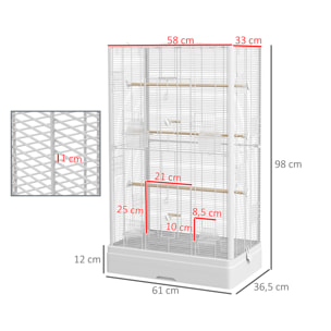 Jaula para Pájaros 61x36,5x98 cm Pajarera con Puertas Perchas Bandeja Extraíble Cajas de Comidas y Asas Jaula para Ninfas Periquitos Pinzones Canarios Blanco