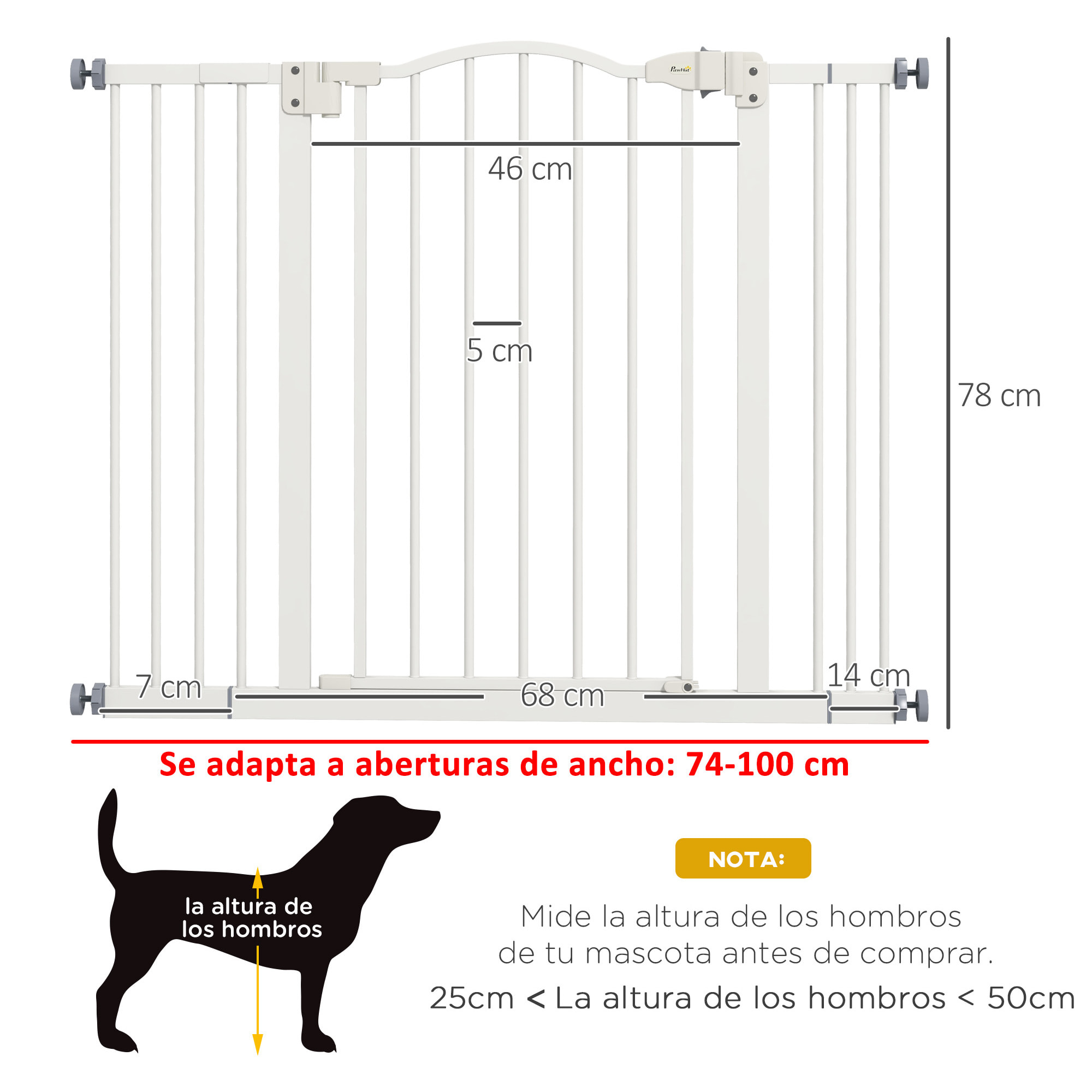 Barrera para Perros Puerta para Perros con Ancho Ajustable 74-100 cm Barrera de Seguridad para Perros con 2 Extensiones para Escaleras y Puertas Blanco