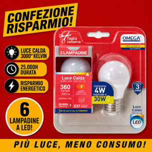 OMEGA Set 6 Lampadine LED Sfera 4W E27 3000K