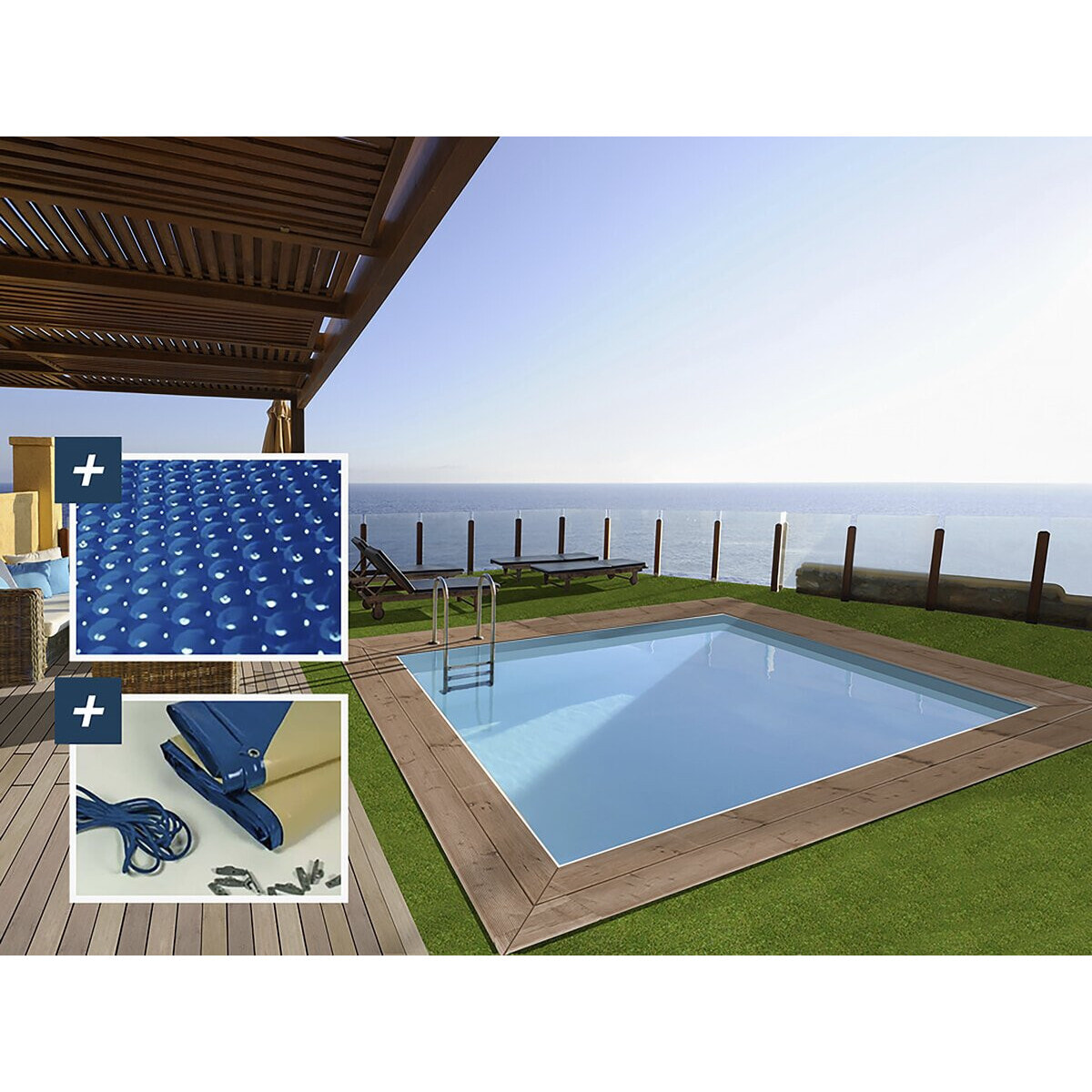 Piscine bois rectangle " Zanzibar "- 3.50 x 2.30 x 1.24 m - Bâche à bulles  180 µ - Bâche hiver  280 g/m²