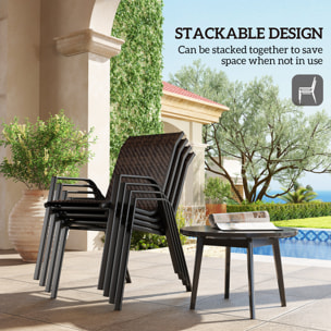 Lot de 4 chaises de jardin empilables - accoudoirs - design - acier époxy noir résine tressée marron
