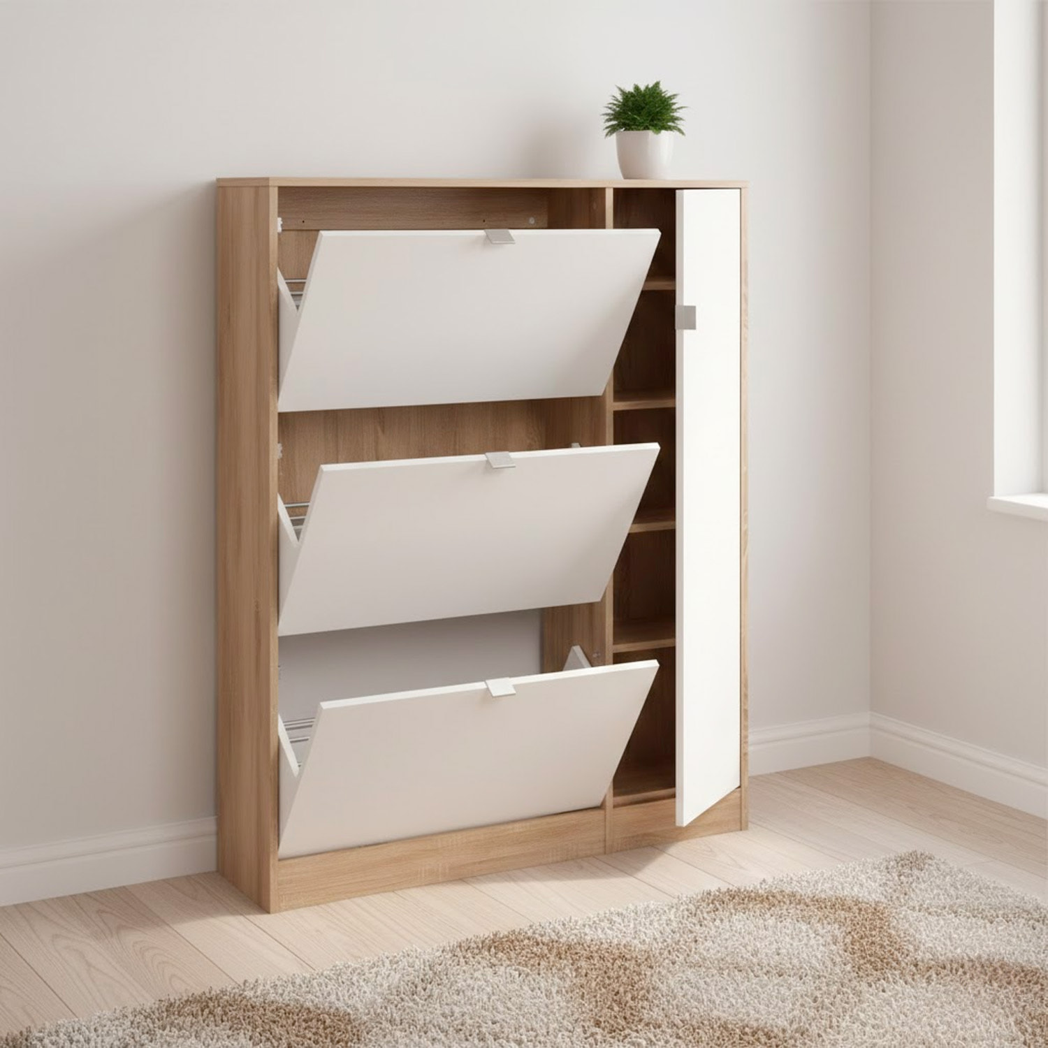 Scarpiera Salvaspazio Con 3 Ante A Ribalta Mobile Laterale Fino A 18 Paia Design Moderno Ingresso Corridoio 98.8x24.05x123.6 Cm Rovere e Bianco Lucido