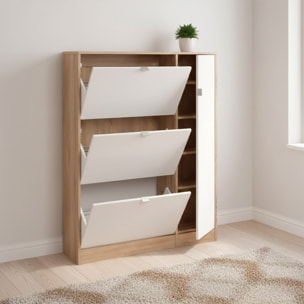 Scarpiera Salvaspazio Con 3 Ante A Ribalta Mobile Laterale Fino A 18 Paia Design Moderno Ingresso Corridoio 98.8x24.05x123.6 Cm Rovere e Bianco Lucido