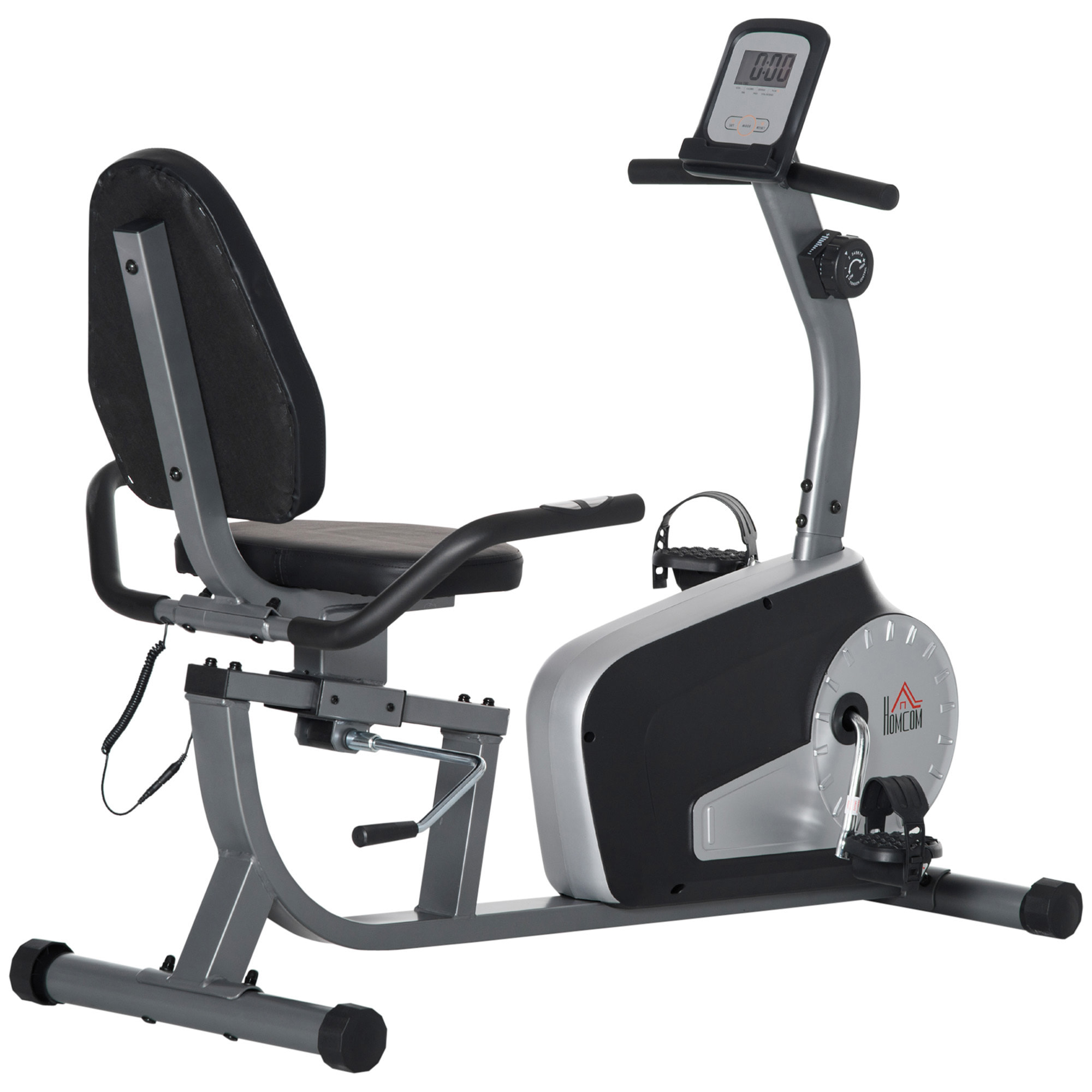 Vélo d'appartement semi-allongé magnétique écran LCD multifonction selle dossier résistance réglable acier ABS gris noir