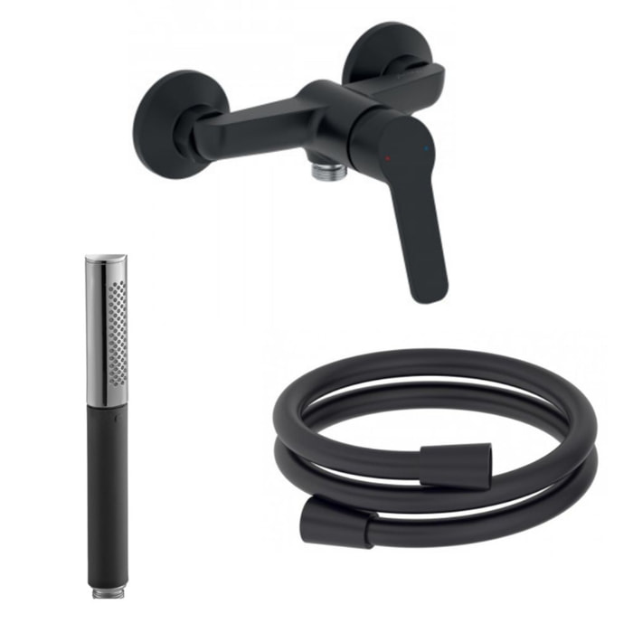 Mitigeur douche Aimé black avec douchette stick Shift Ellipse noir et chrome et flexible lisse anti-torsion 1600 mm noir Inimitable