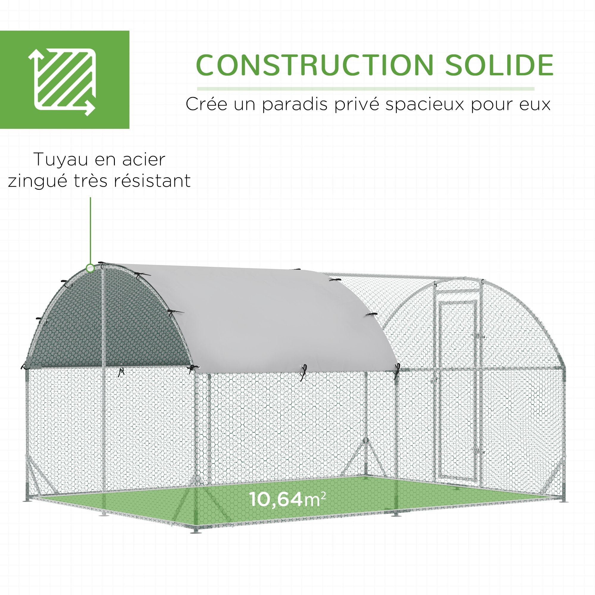 Enclos poulailler chenil 10,64 m² - parc grillagé dim. 3,8L x 2,8l x 1,97H m - espace couvert - acier galvanisé