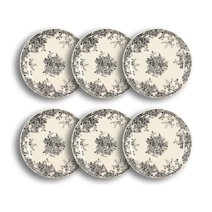 Lot de 6 assiettes plates en grès décor fleuri noir 26cm FLORALI
