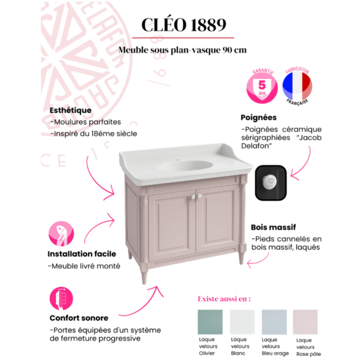 Pack meuble vasque Cléo 1889 rose velours + mitigeur chrome