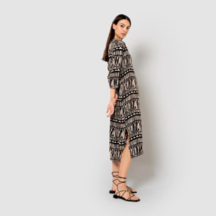 Vestido midi bambula detalles plisados tepec beige/negro