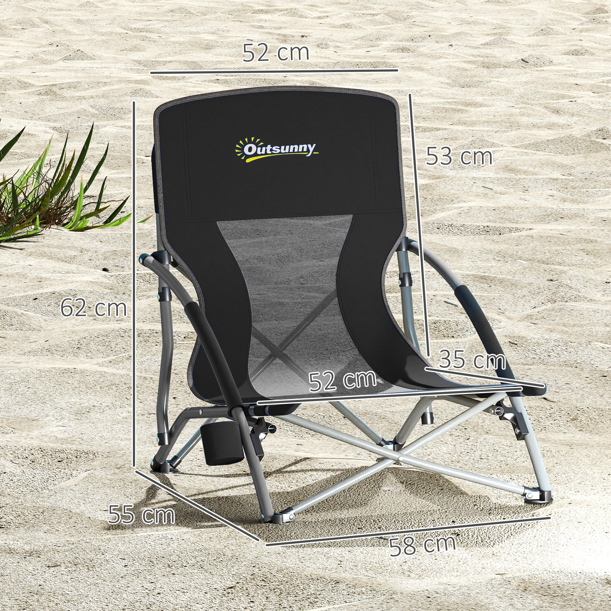 Pack de 2 Sillas de Playa Plegables Ligeras Sillas de Camping Portátiles Bajas con Respaldo de Malla Tela Oxford 600D Portavasos Reposabrazos Bolsa para Acampada Carga 120 kg Negro