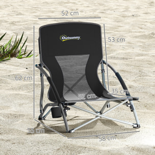 Pack de 2 Sillas de Playa Plegables Ligeras Sillas de Camping Portátiles Bajas con Respaldo de Malla Tela Oxford 600D Portavasos Reposabrazos Bolsa para Acampada Carga 120 kg Negro
