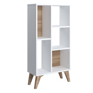 Libreria essenziale con cinque scomparti aperti di diverse misure, cm 55 x 25 x 106, colore bianco con dettaglio noce