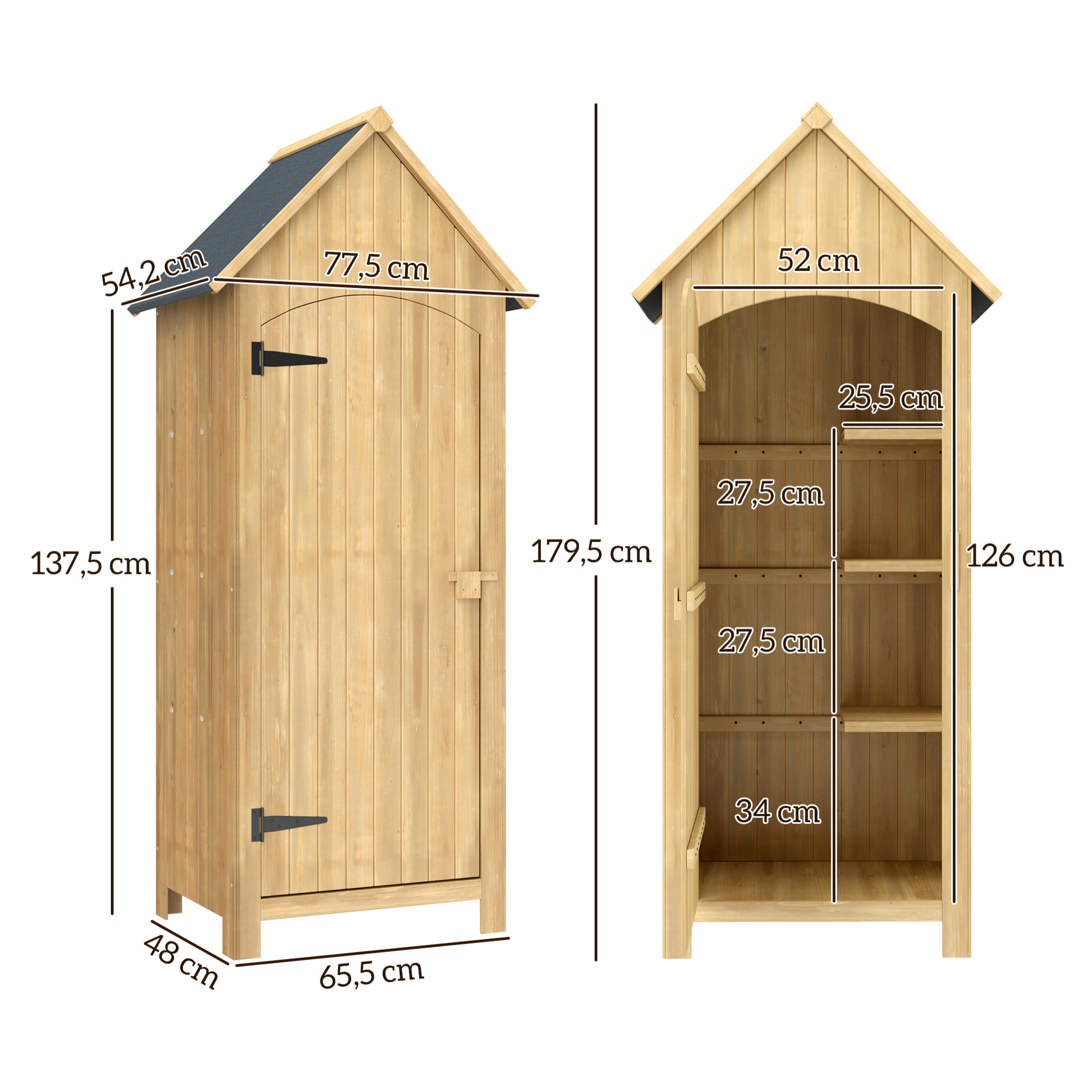 Caseta Jardín Exterior de Madera 77,5x54,2x179,5 cm 0,3 m² Cobertizo Jardín Exterior Armario para Almacenaje de Herramientas con 3 Estantes y 2 Puertas con Cerrojo para Patio Terraza Natural
