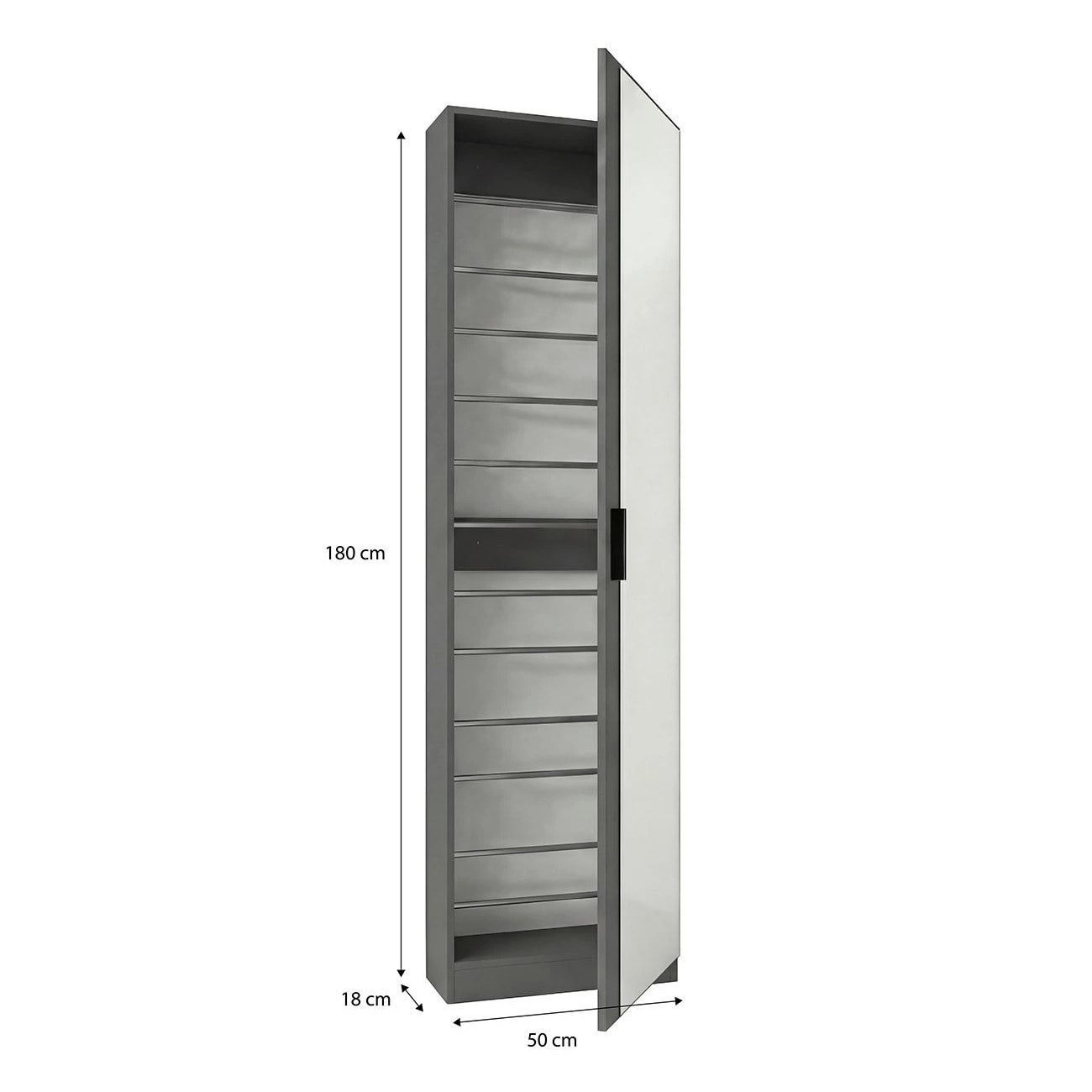 Zapatero alto de 1 puerta con espejo en gris grafito 180x50 cm Roma Gris Grafito