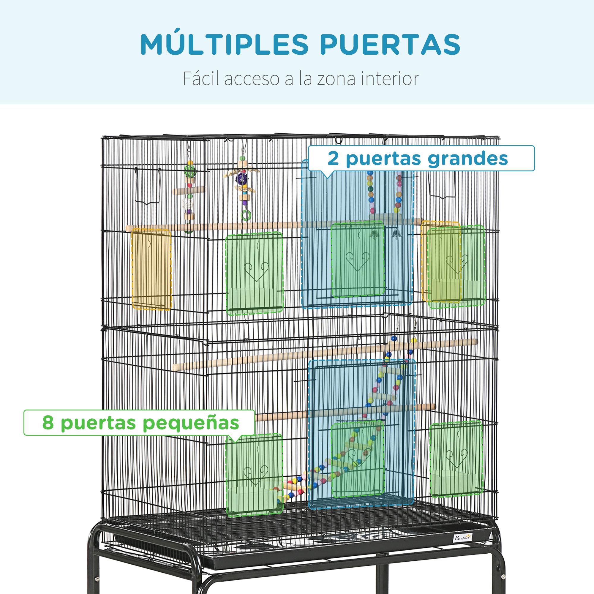 Jaula para Pájaros con Ruedas 79x49x133 cm Pajarera Metálico Jaula Grande con Soporte con 4 Comederos 3 Perchas Juguetes Bandeja Extraíble Estante para Canarios Periquitos Negro