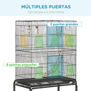 Jaula para Pájaros con Ruedas 79x49x133 cm Pajarera Metálico Jaula Grande con Soporte con 4 Comederos 3 Perchas Juguetes Bandeja Extraíble Estante para Canarios Periquitos Negro