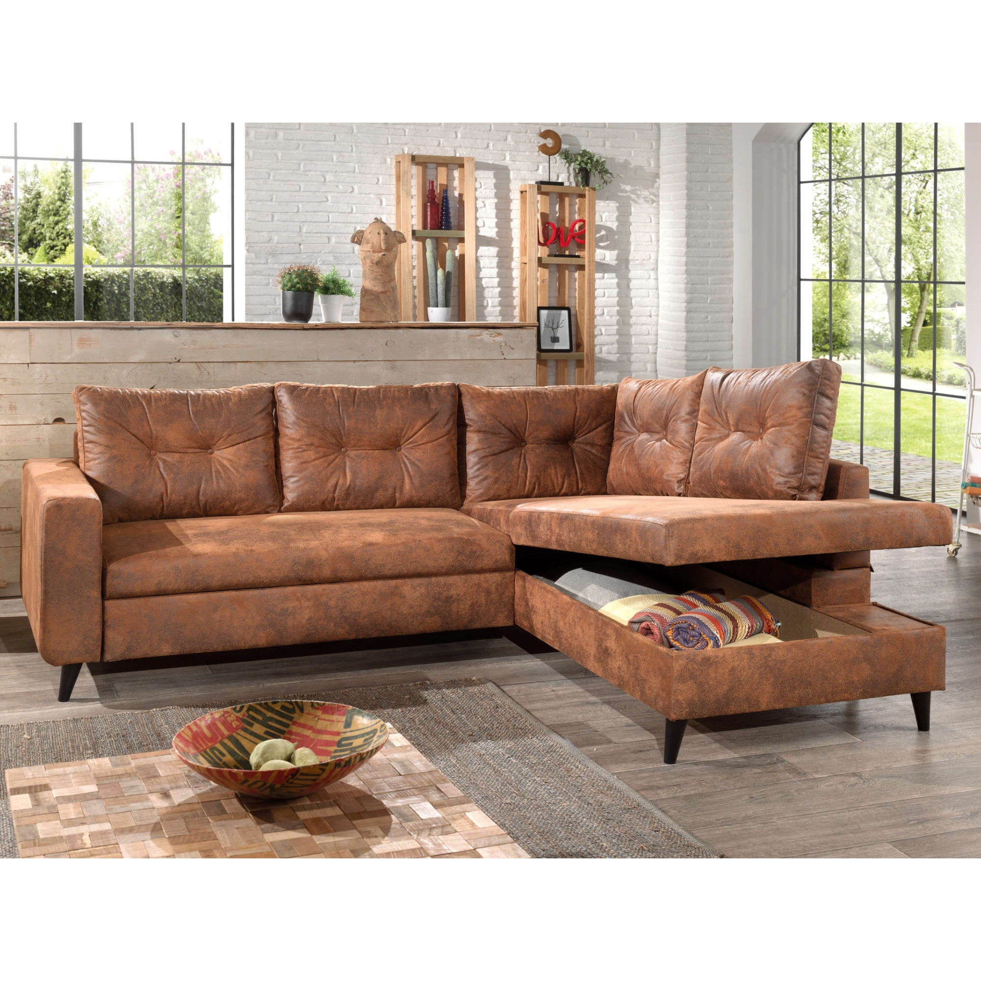 NORDIC - Canapé d'angle L - 5 places - Convertible - Industriel vintage - Droit - Marron