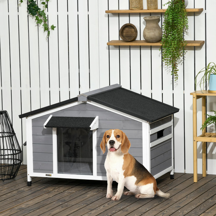 Niche chien style cottage - 2 fenêtres, porte, toit ouvrant bitumé - bois sapin gris