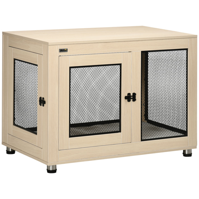 Jaula para Perros Grandes Estilo Mueble Casa para Perros 94x60x71,5 cm Mesa Auxiliar con 2 Puertas de Pestillo Cojín de Tela Oxford y Rejillas de Acero Roble