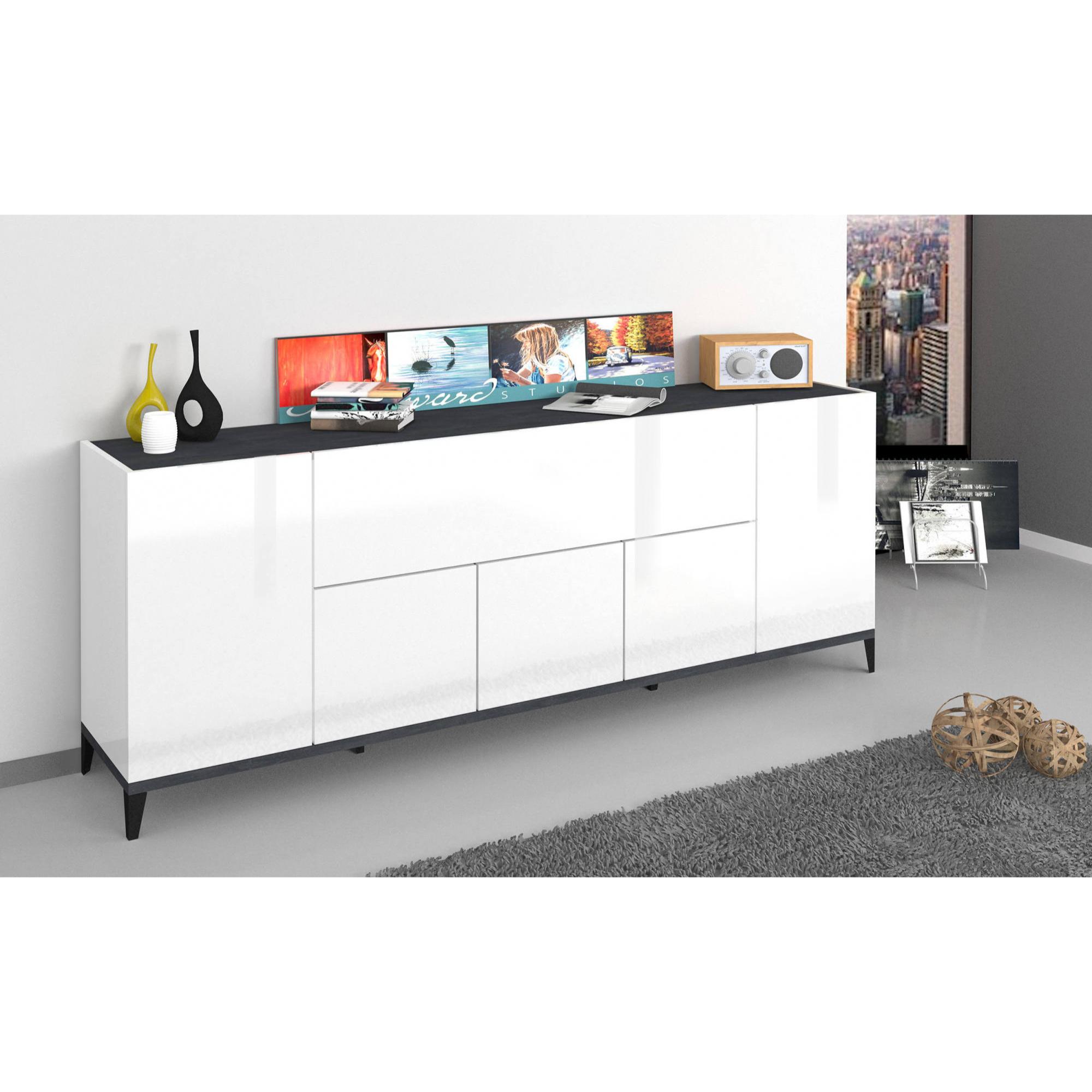 Credenza moderna a 6 ante, Made in Italy, Madia da cucina rialzata, Buffet di design da soggiorno, Cm 200x40h82, Bianco lucido e Ardesia