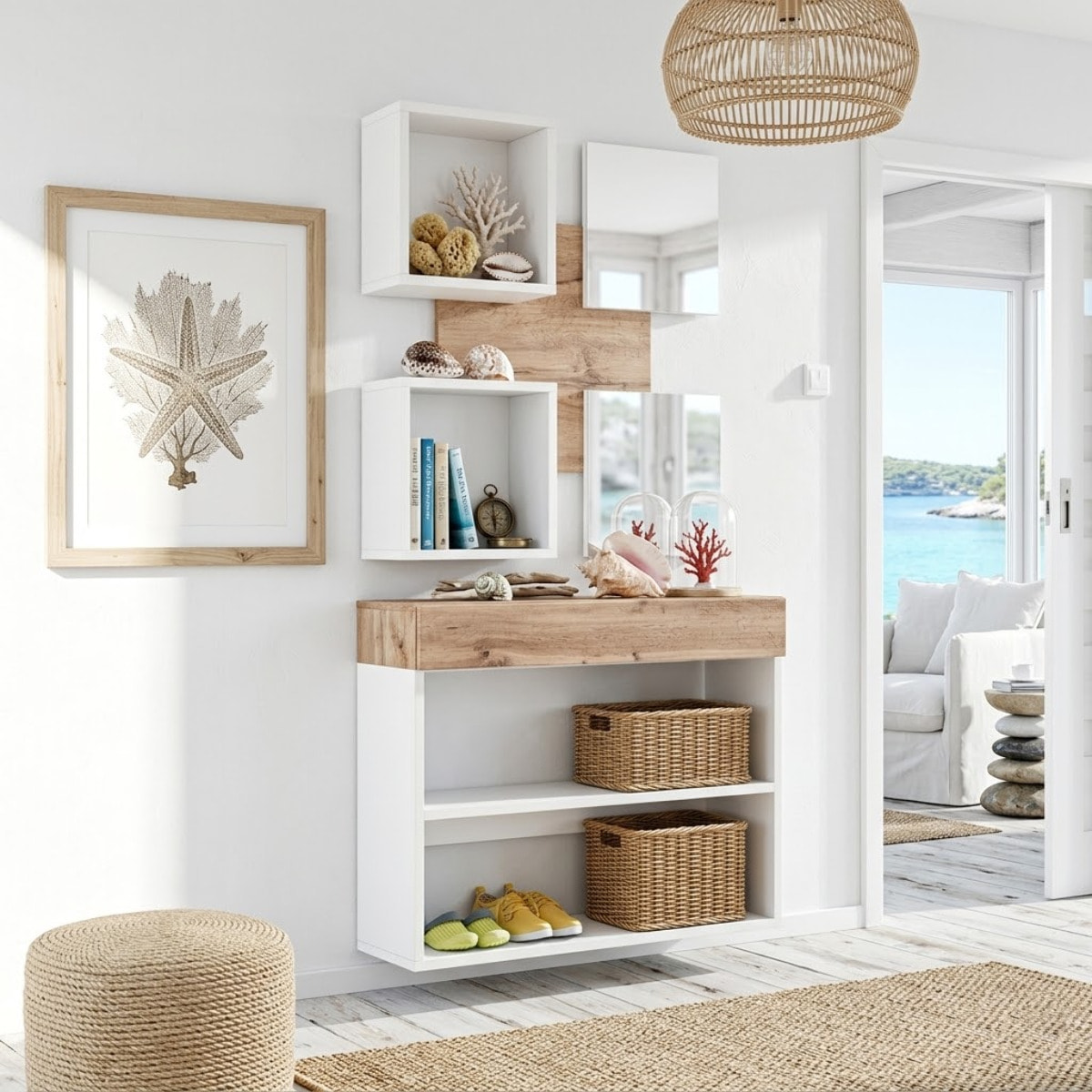 Mobile Ingresso Moderno Con Specchi E Vani A Giorno Consolle Sospesa Design Elegante Salvaspazio Per Corridoio 100 x 170 x 30 Cm Bianco E Rovere