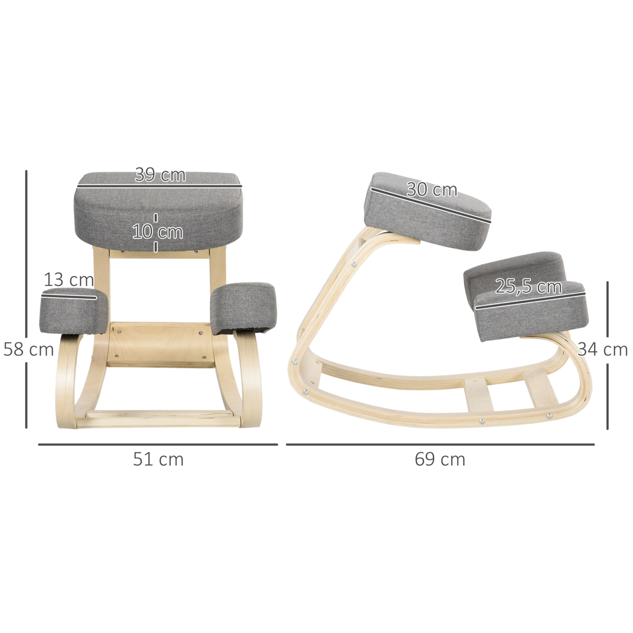 Tabouret ergonomique - siège assis à genoux - chaise à genoux grand confort - bois bouleau polyester gris