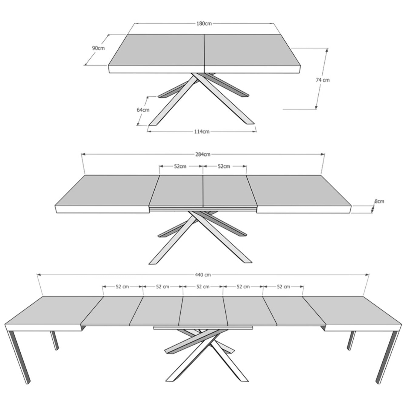 Table extensible 90x180/440 cm Karida Evolution frêne blanc cadre anthracite