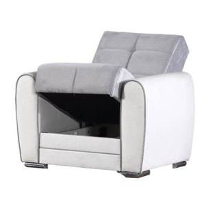 Divano letto Enrique, Poltrona contenitore da salotto, trasformabile in letto , Poltroncina relax in tessuto imbottito, 97x84h91 cm, Bianco e Grigio Chiaro