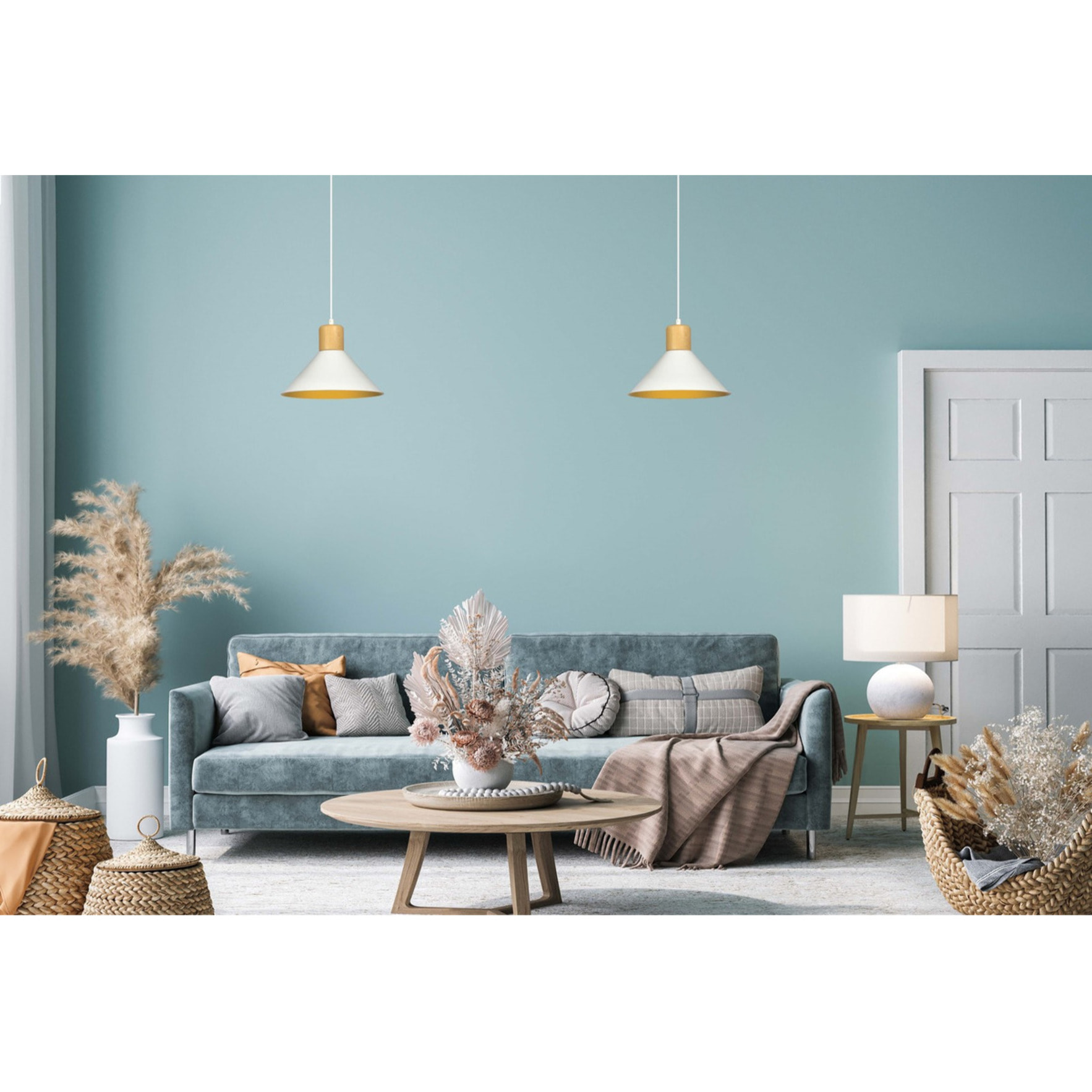 Lampada a sospensione Rowen in acciaio bianco e legno