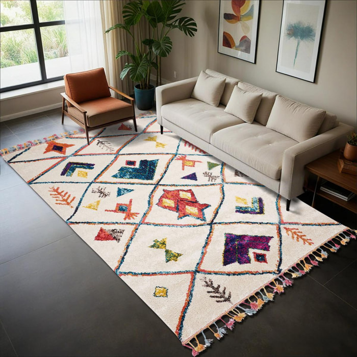 Tapis Mevo crème et multicolore motif traditionnel berbère