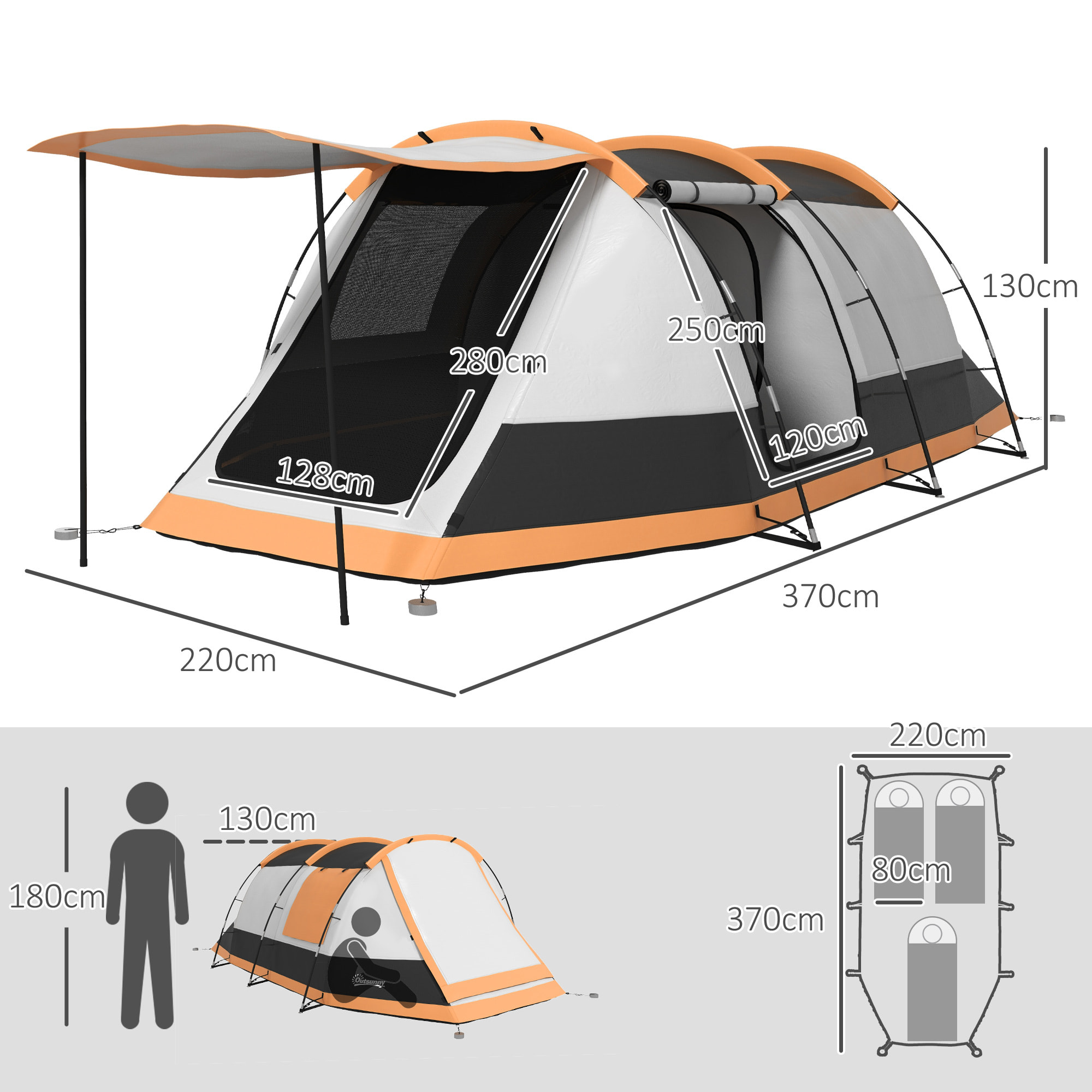 Tienda de Campaña Familiar para 3-4 Personas Tienda de Camping Plegable con 2 Habitaciones y Bolsa de Transporte Impermeable para Senderismo 370x220x130 cm Azul y Gris