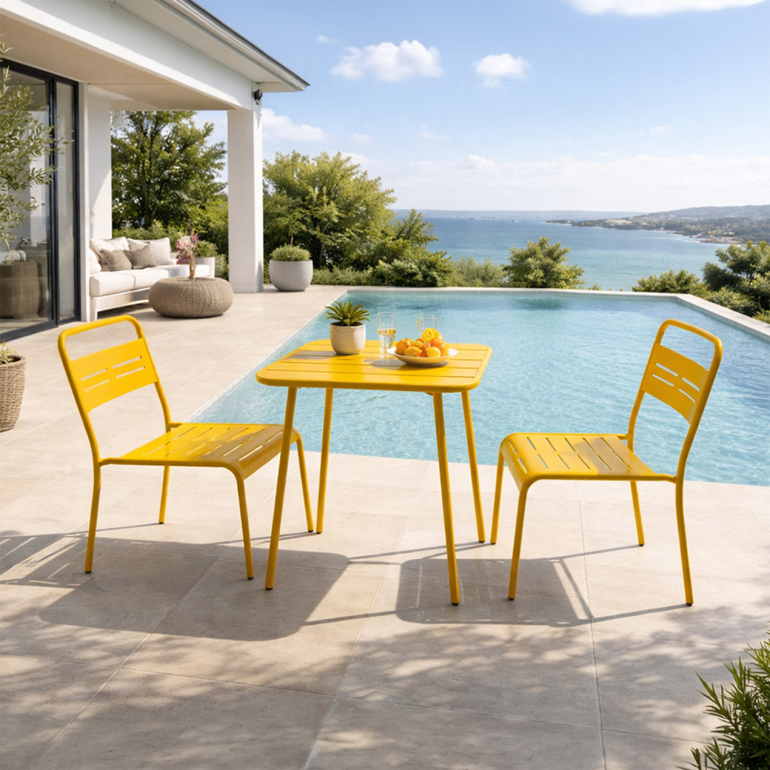 Ensemble table de jardin carrée 50cm et 2 chaises jaune EVORA