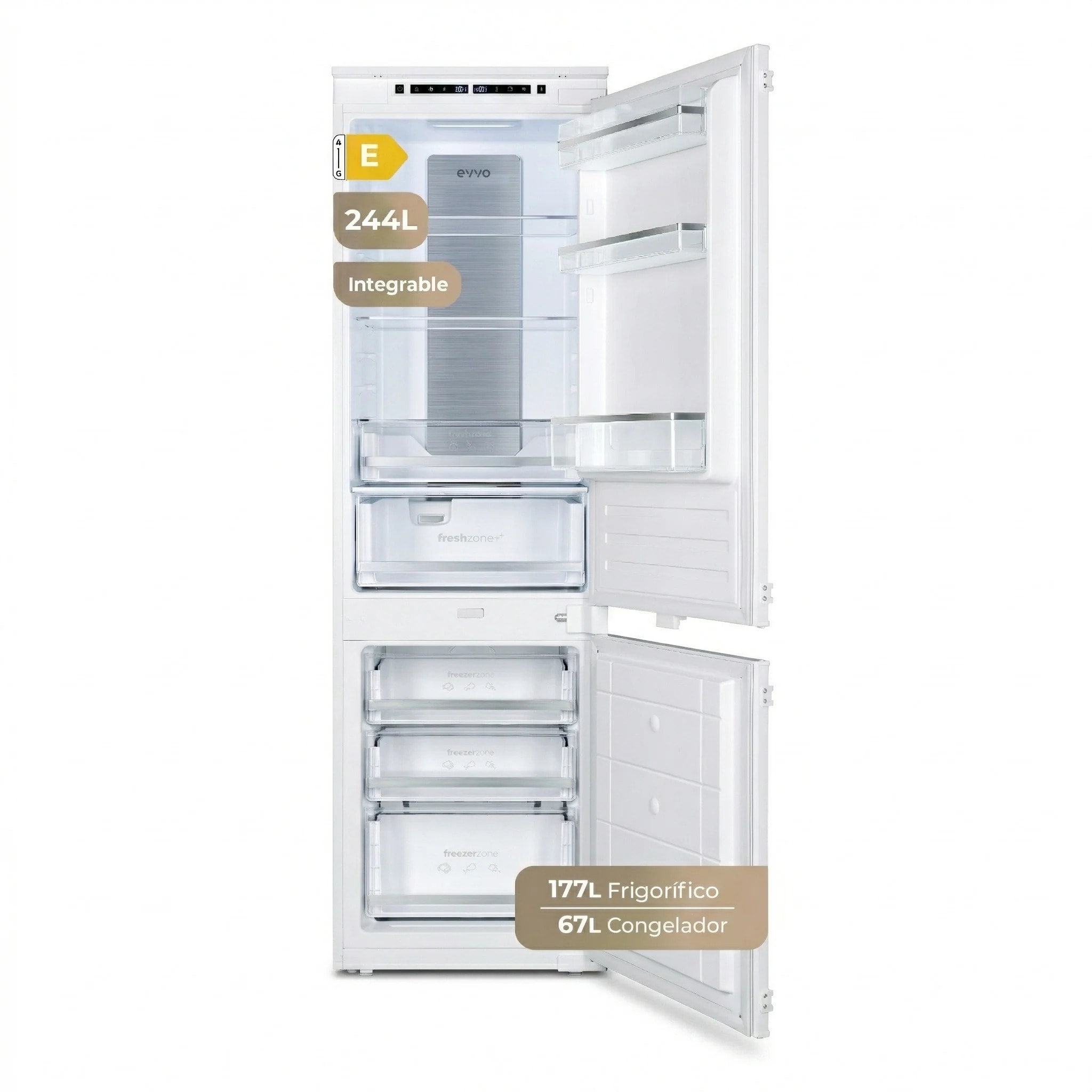 EVVO Frigorífico combi integrable Fi62, 151L+67L, No Frost, Chiller Zone, ECO, Vacaciones, congelación rápida, silencioso.