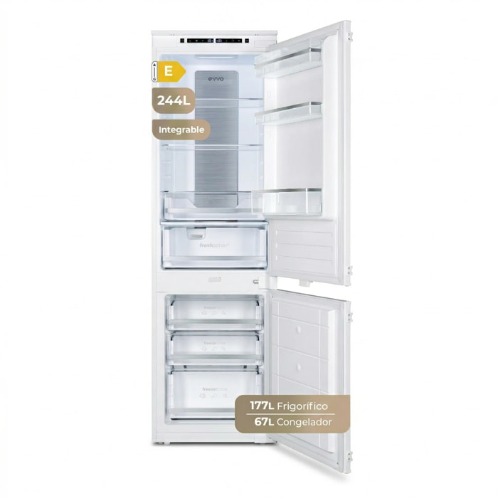 EVVO Frigorífico combi integrable Fi62, 151L+67L, No Frost, Chiller Zone, ECO, Vacaciones, congelación rápida, silencioso.