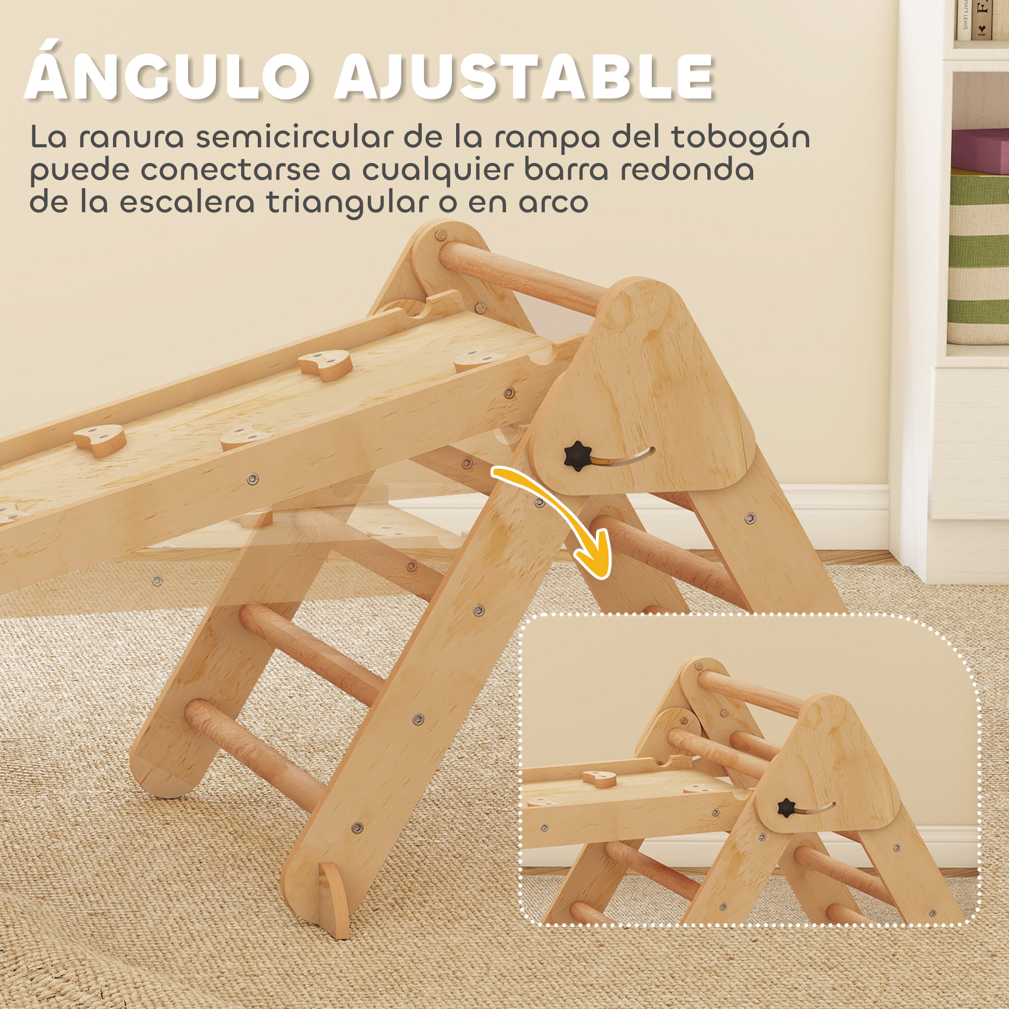7 en 1 Triángulo de Escalada Montessori con Arco y Rampa, Escalada para Niños de Madera Plegable, para 18-48 Meses, para Deslizarse o Escalar, 188x70 cm, Natural